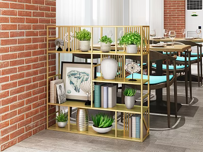 Golden Storage Shelf Against Red Brick Wall With Plants Books And Decorations 3d model