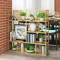 Golden Storage Shelf Against Red Brick Wall With Plants Books And Decorations