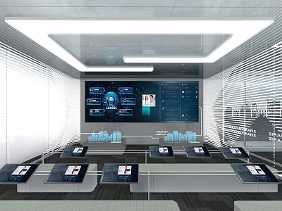 Digital Exhibition Hall With Large Screen Displaying Data Charts And Multiple Display Tables With Tablets 3d model