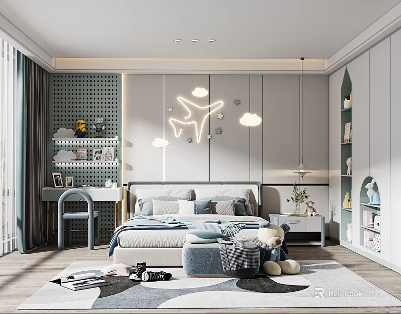 Cozy Modern Children's Room Interior With Bed Desk Decorative Lights And Stuffed Toys 3d model 
