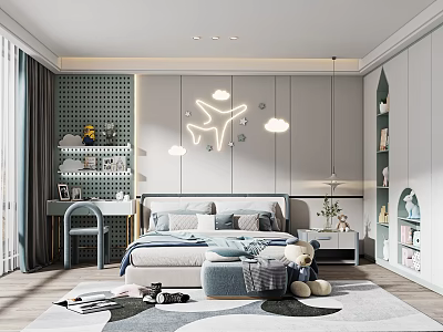 Cozy Modern Children's Room Interior With Bed Desk Decorative Lights And Stuffed Toys 3d model