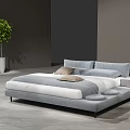 Modern Gray Double Bed With White Bedding Pillows Nightstand And Green Plant