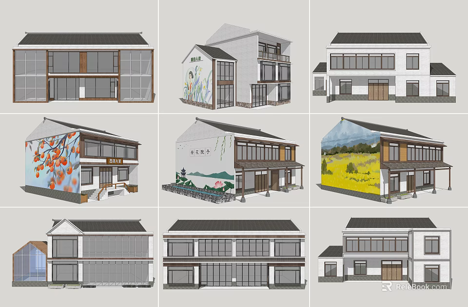 Traditional Modern Homestay Architecture With Sloped Roofs Large Windows And Painted Walls 3d model 