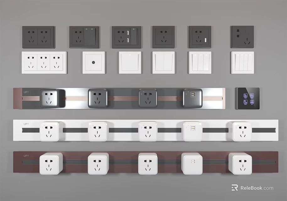 Modern Switch Panels In Various Styles With Black White Colors And Socket Switch Combinations 3d model
