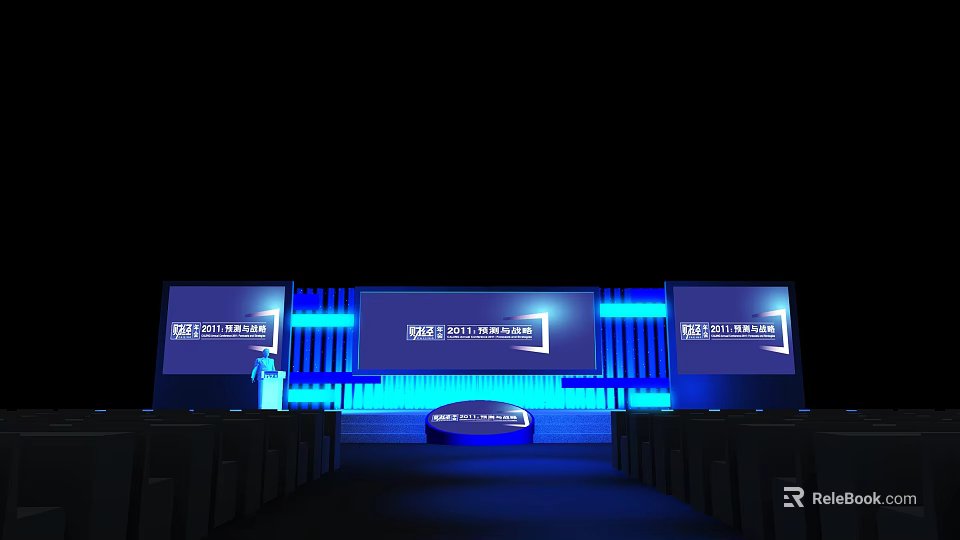 Exhibition Stage Setup With Blue Lighting And Multiple Large Screens Design 3d model 