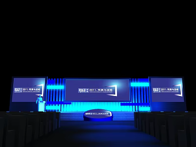 Exhibition Stage Setup With Blue Lighting And Multiple Large Screens Design 3d model