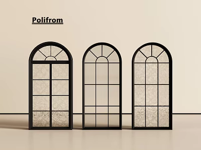Three Arched Floor to Ceiling Windows With Black Frames Textured Glass And Beige Background 3d model