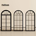 Three Arched Floor to Ceiling Windows With Black Frames Textured Glass And Beige Background