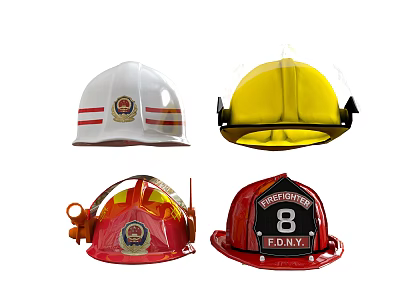 Assorted Firefighter Helmets in White Yellow Red Colors with Emblems and Logos 3d model