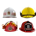 Assorted Firefighter Helmets in White Yellow Red Colors with Emblems and Logos