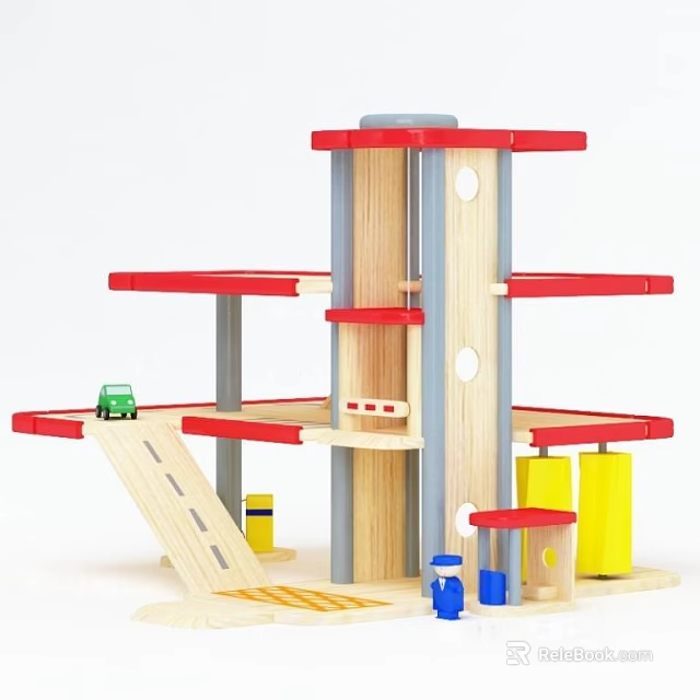 Wooden Multi Level Parking Garage Toy with Red Edges Green Car and Yellow Cylinders 3d model 
