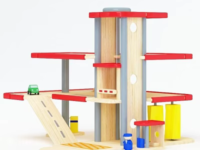 Wooden Multi Level Parking Garage Toy with Red Edges Green Car and Yellow Cylinders 3d model