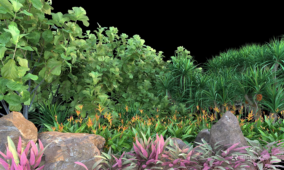 Garden Flowers And Plants With Colorful Foliage Orange Blooms Pink Leaves And Rocks 3d model 