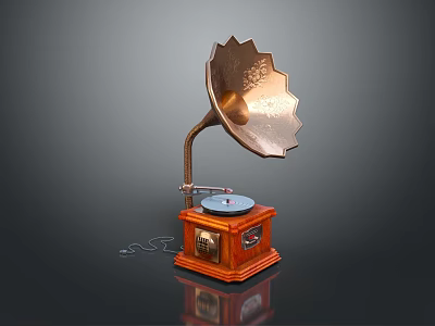 Vintage Gramophone With Brass Horn And Wooden Base For Home Decor 3d model