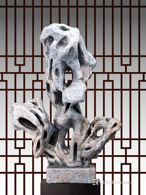 Natural Stone Sculpture With Porous Texture And Traditional Wooden Lattice 3d model 