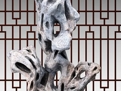 Natural Stone Sculpture With Porous Texture And Traditional Wooden Lattice 3d model