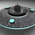 Disc Shaped Flying Saucer with Black Dome Glowing Circular Bases and Blue Lights