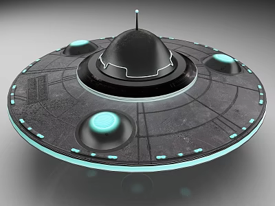 Disc Shaped Flying Saucer with Black Dome Glowing Circular Bases and Blue Lights 3d model