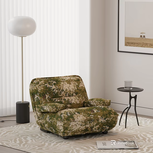 Floral Pattern Single Sofa With Small Round Side Table And Floor Lamp Near White Blinds 3d model 