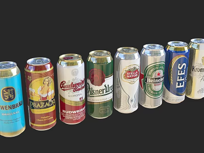 Assorted Beer Cans Collection With Various Brand Labels On Black Background 3d model