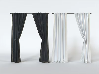 Black and White Curtains Hanging on Rods with Different Textures and Styles 3d model