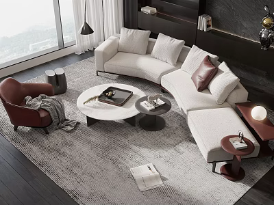 Modern L Shaped Sofa And Round Coffee Table Set With Gray Rug Red Armchair 3d model