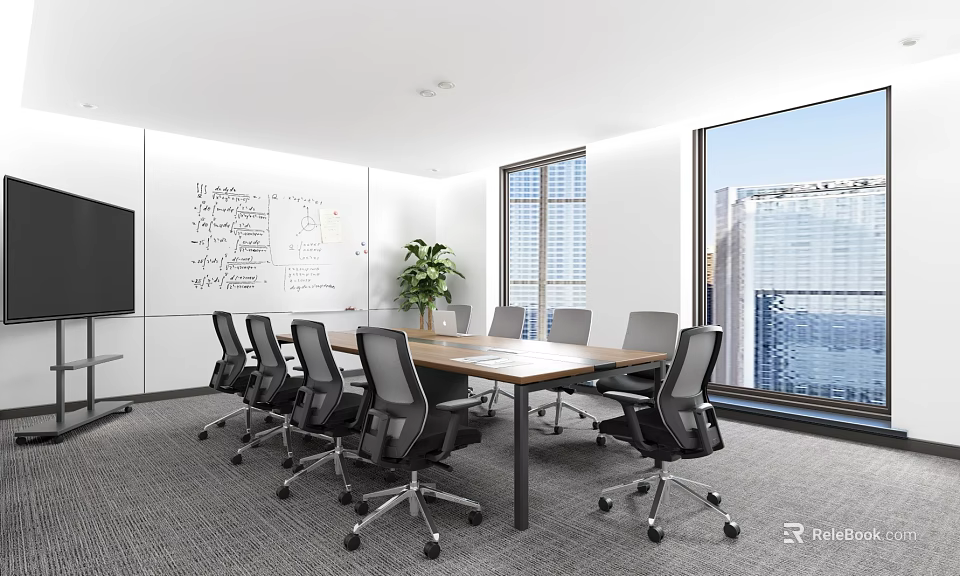 Modern Conference Room With Whiteboard Long Wooden Table Black Chairs Green Plant And City View 3d model 