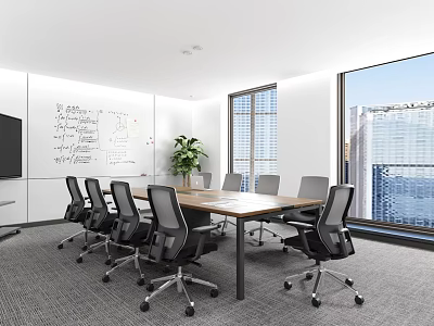 Modern Conference Room With Whiteboard Long Wooden Table Black Chairs Green Plant And City View 3d model