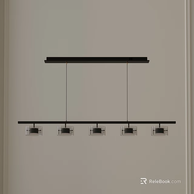 Modern Linear Pendant Light With Black Frame And Five Square Glass Shades Design 3d model 