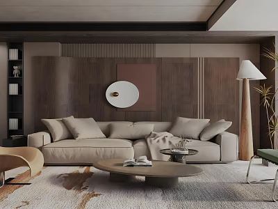 Modern Living Room Interior With Beige Sofa Round Mirror Wooden Accent Wall And Floor Lamp 3d model