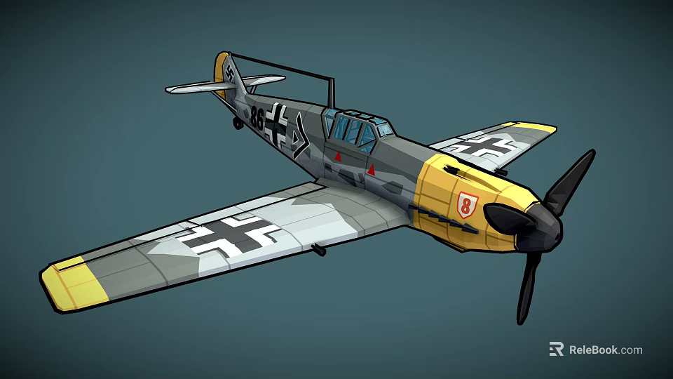 World War II Gray and Yellow Fighter Aircraft with Black and White Cross Insignia Propeller 3d model 