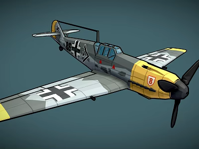 World War II Gray and Yellow Fighter Aircraft with Black and White Cross Insignia Propeller 3d model