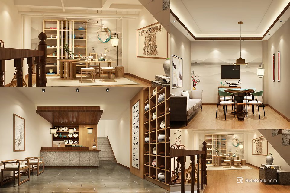 Diverse Interior Design Spaces With Bookshelves Sofa Dining Tables And Artworks 3d model 