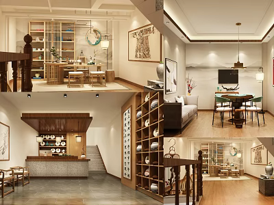 Diverse Interior Design Spaces With Bookshelves Sofa Dining Tables And Artworks 3d model