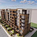 Modern Multi Story Residential Apartment Building With Green Area Trees And Sidewalk