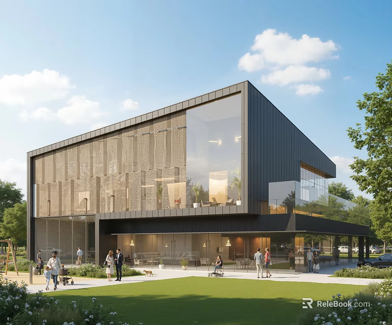 Modern Cultural Center Building With Glass Facade Metal Cladding Green Space And Pedestrian Area 3d model 