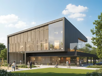 Modern Cultural Center Building With Glass Facade Metal Cladding Green Space And Pedestrian Area 3d model