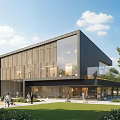 Modern Cultural Center Building With Glass Facade Metal Cladding Green Space And Pedestrian Area