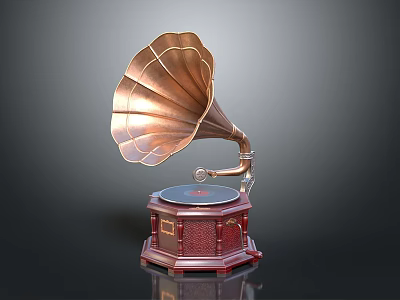 Vintage Gramophone Design With Brass Horn Wooden Base And Turntable 3d model