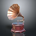 Vintage Gramophone Design With Brass Horn Wooden Base And Turntable