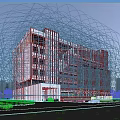 Modern Office Building Exterior With Glass Curtain Wall Pedestrians And Green Surroundings