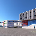Modern School Campus Buildings With Sports Field Green Trees And Sunlight