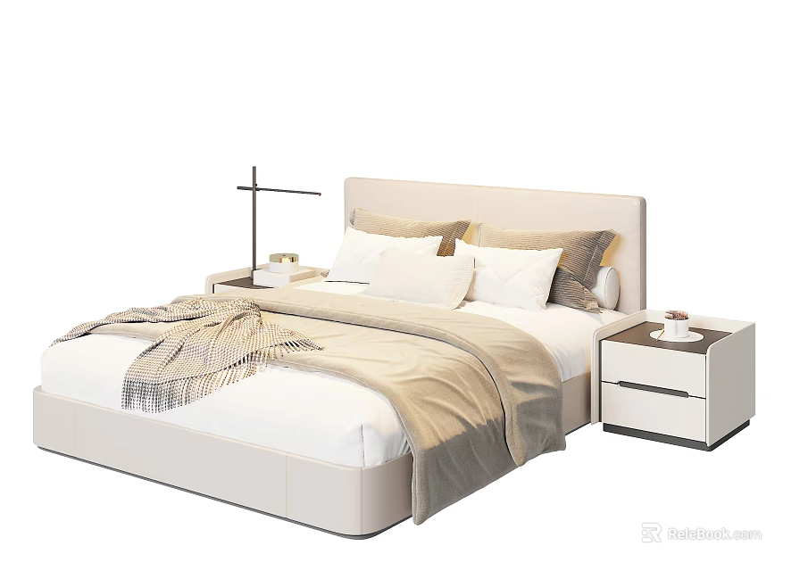 Double Bed With Light Colored Headboard Multiple Pillows Blanket And Bedside Tables With Table Lamp 3d model