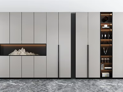 Modern Wine Cabinet With Sleek Gray Doors And Display Shelves Holding Wine Glasses And Bottles 3d model