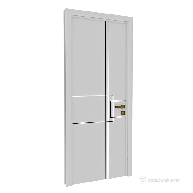 White Hinged Door With Simple Panel Design And Golden Handle For Interior 3d model 