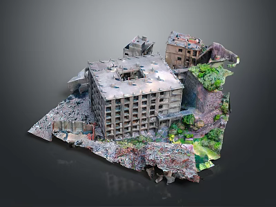 Damaged Building Structure With Collapsed Facade Debris And Surrounding Green Vegetation Terrain 3d model