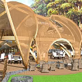 Curved Golden Pergola With Poolside Trees And Mountain View In Outdoor Leisure Space