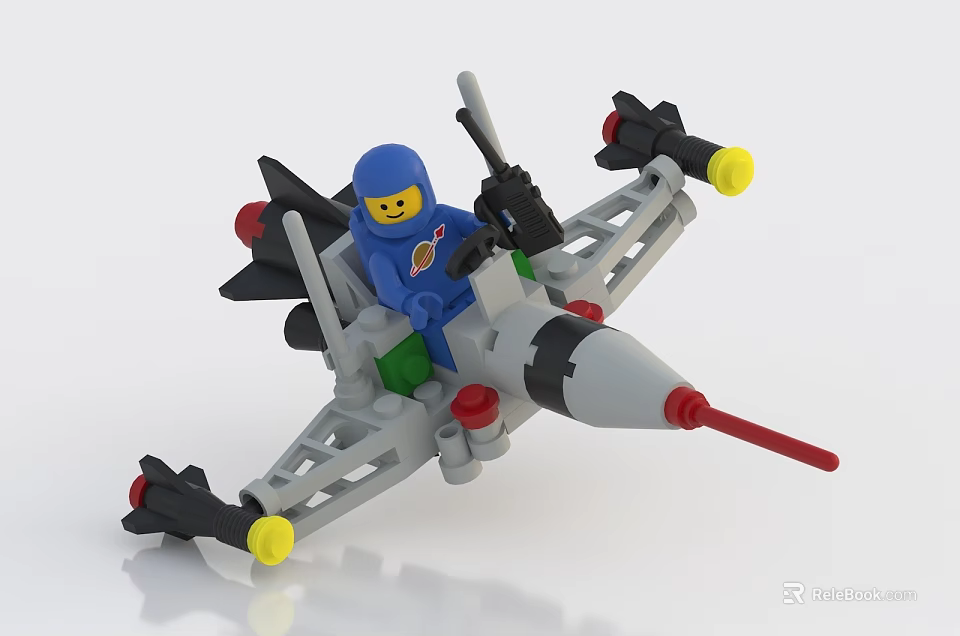 Building Block Airplane With Blue Mini Figure Gray Body Red Nose And Yellow Wheels 3d model 