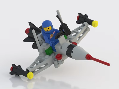 Building Block Airplane With Blue Mini Figure Gray Body Red Nose And Yellow Wheels 3d model