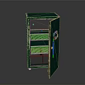 Vintage Green Metal Storage Cabinet With Open Door And Multiple Grid Shelves
